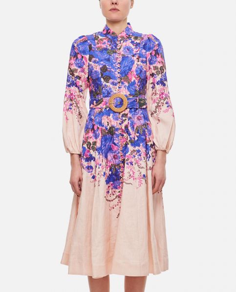Balloon Sleeves Adjustable Belt Floral Patterned Dress