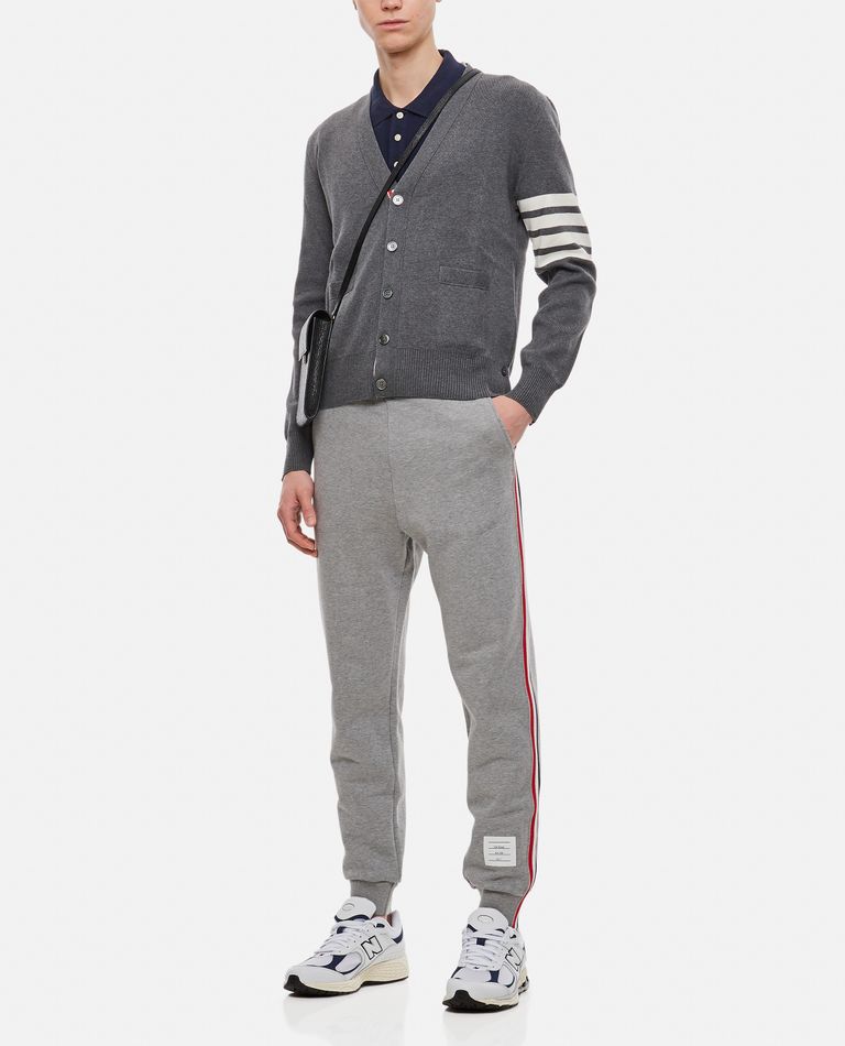 Thom Browne V-neck Grey Wool Cardigan With Signature Striped Detail In Grey