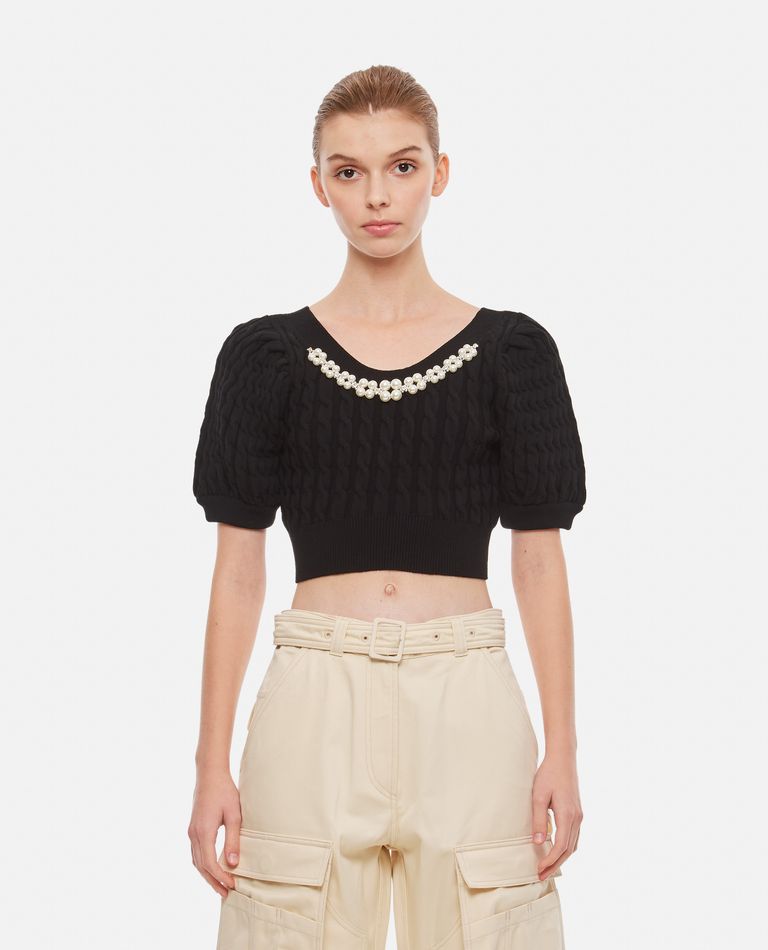 Simone Rocha  ,  Cropped Puff Sleeve Open Neck Cable Top  ,  Black XS