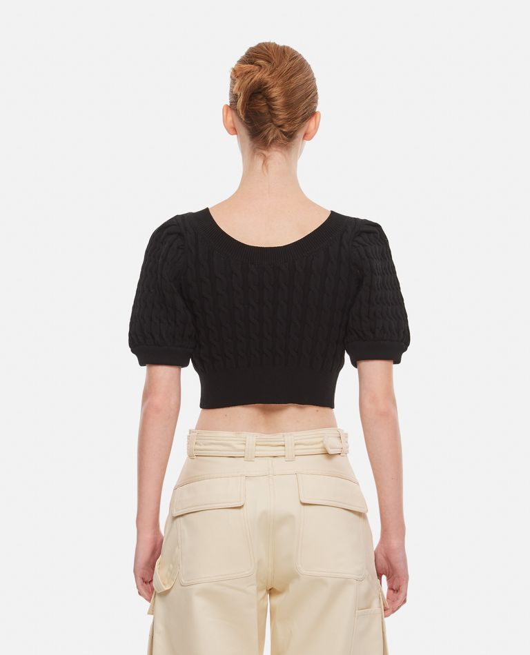 Shop Simone Rocha Cropped Puff Sleeve Open Neck Cable Top In Black