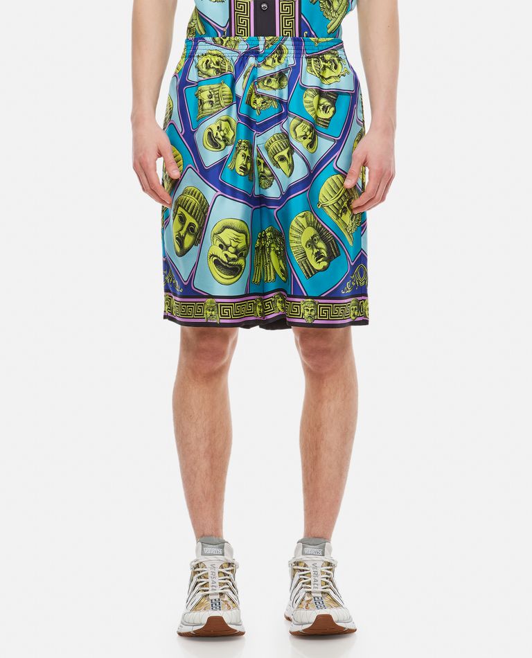 Versace Mask Print Silk Twill Shorts In Multicolor