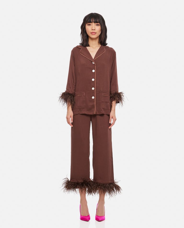 Feather-trimmed twill pajama set