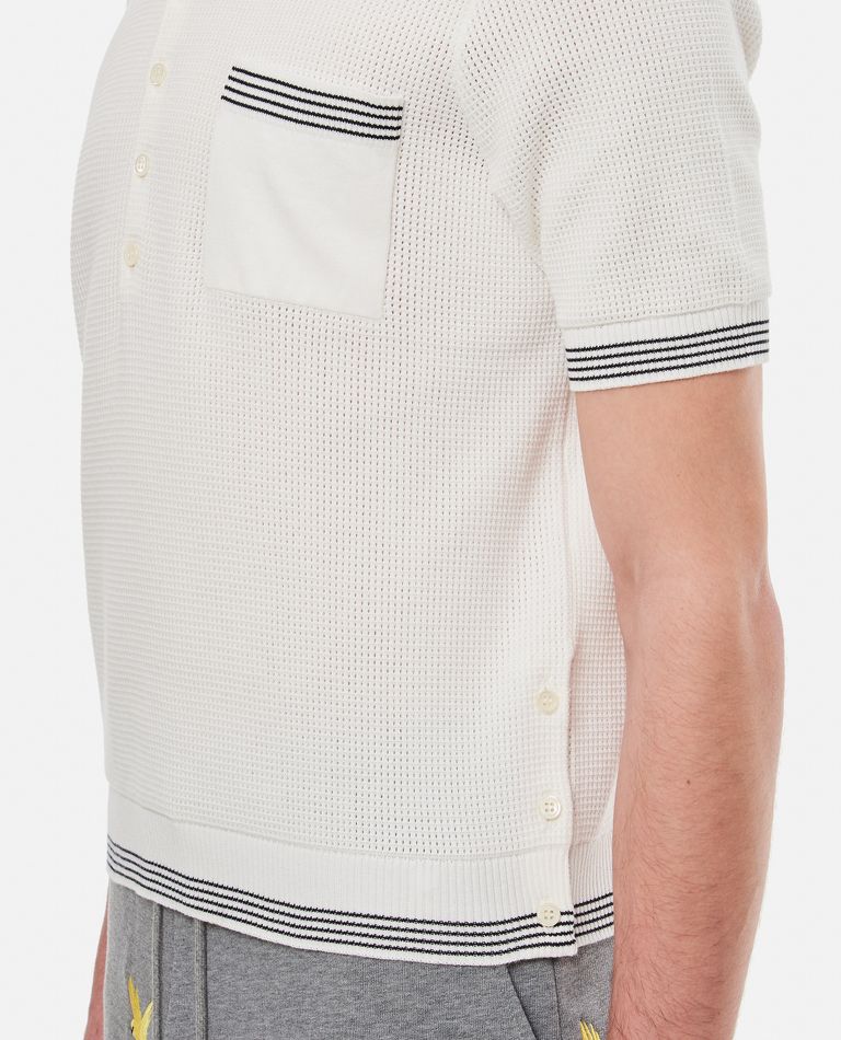 Thom Browne  ,  Open Waffle Stitch Ss Polo In Cotton W/ 4 Bar Stripe Tipping Stripe  ,  White 3