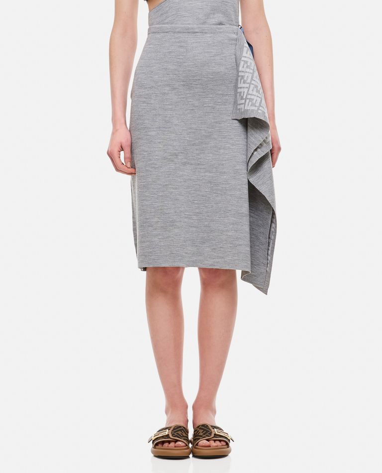 Fendi Logo Pattern Midi Drape Wool Skirt In Grey