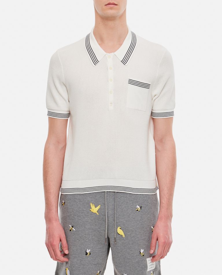 Shop Thom Browne Open Waffle Stitch Ss Polo In Cotton W/ 4 Bar Stripe Tipping Stripe In White