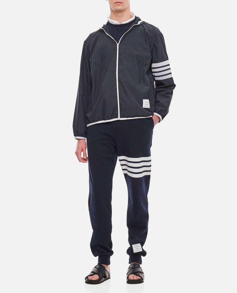 THOM BROWNE PACKABLE ZIP UP HOODIE W/ SEAMED IN MESH 4 BAR STRIPE IN MILITARY RIPSTOP