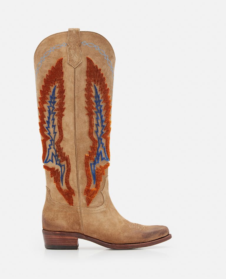 Damy HervÃ¨  ,  Round Toe Suede Cowboy Boots  ,  Beige 37,5