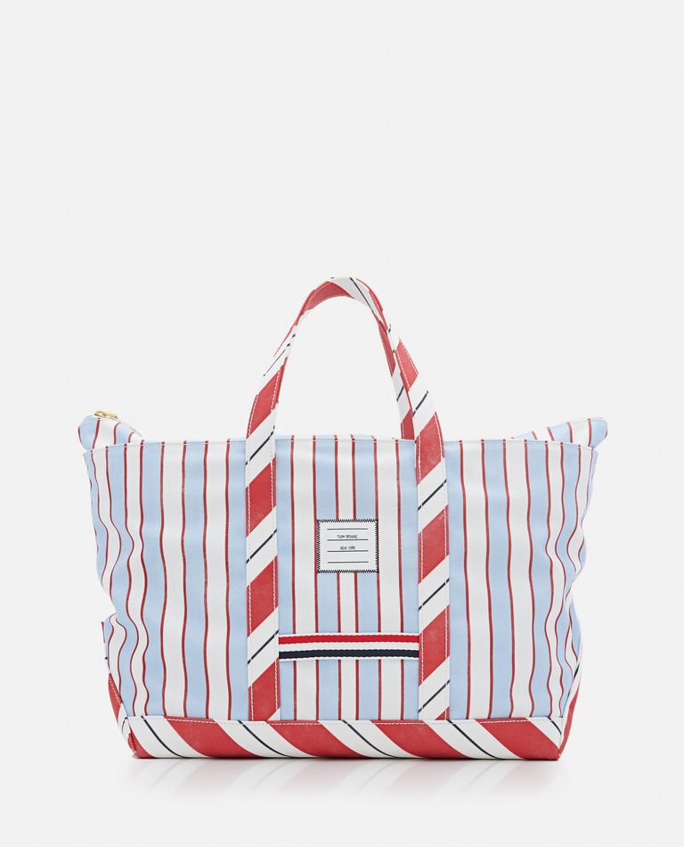 Thom Browne Medium Tool Tote In Washed Striped Canva In Sky Blue