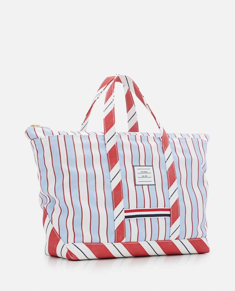 Shop Thom Browne Medium Tool Tote In Washed Striped Canva In Sky Blue