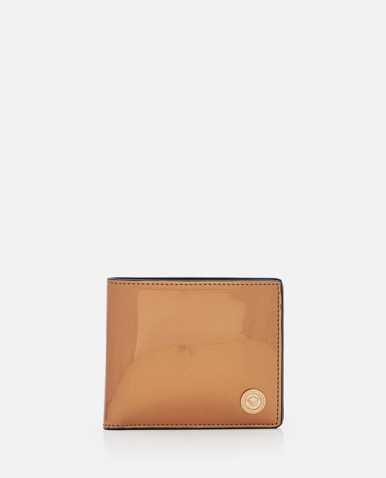 国内発送/送料関税込【VERSACE】 Compact Wallet NEW $525 VERSACE Blue Leather LA MEDUSA LOGO Bifold Small