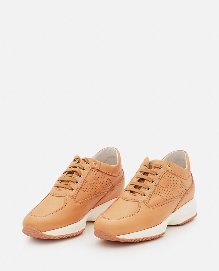 Hogan Pierced H Interactive Leather Sneakers In Beige