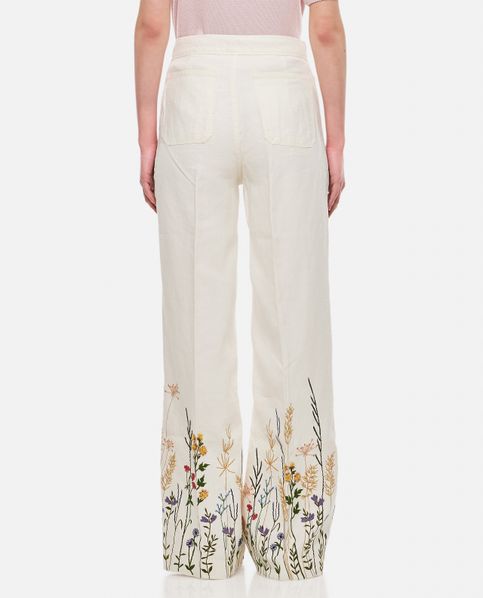 Comfy soft white flower-embroidered high waist pants, LAUREN