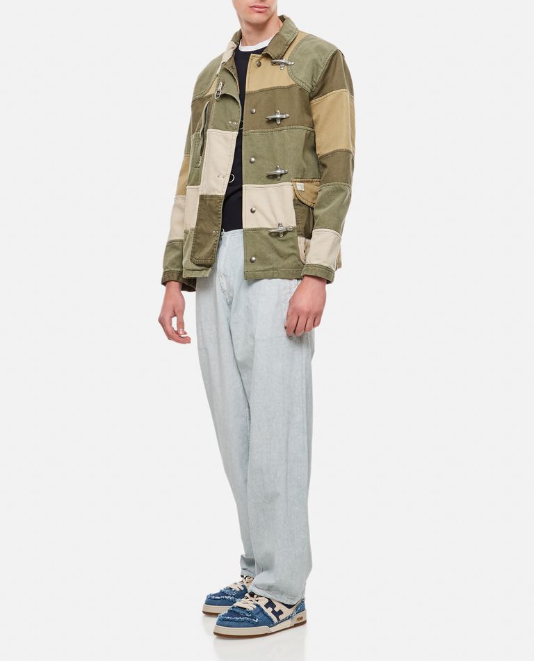 Fay Khaki Green Patchwork Jacket With Buckles In Cotton Man In Multicolor