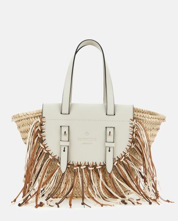 Cuba Lab - TROPICANA STRAW AND LEATHER TOTE BAG WITH APPLIED FRINGES