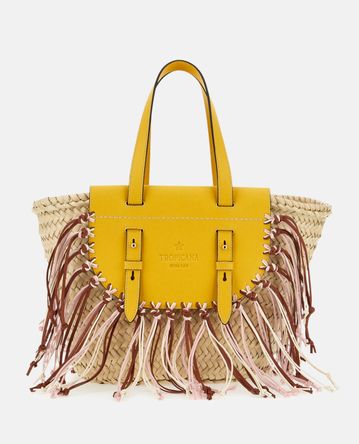 Cuba Lab - TROPICANA STRAW AND LEATHER TOTE BAG WITH APPLIED FRINGES