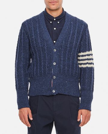 Thom Browne - TWIST CABLE CLASSIC V NECK CARDIGAN IN DONEGAL 4 BAR STRIPE