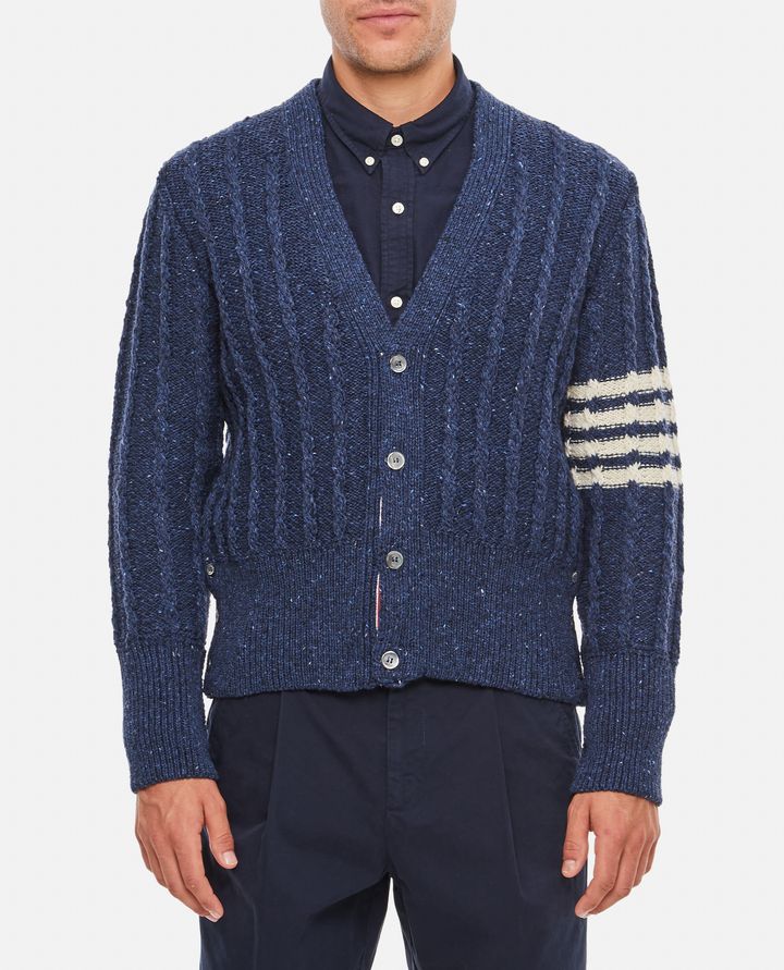 Thom Browne - TWIST CABLE CLASSIC V NECK CARDIGAN IN DONEGAL 4 BAR STRIPE_1