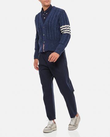 Thom Browne - TWIST CABLE CLASSIC V NECK CARDIGAN IN DONEGAL 4 BAR STRIPE
