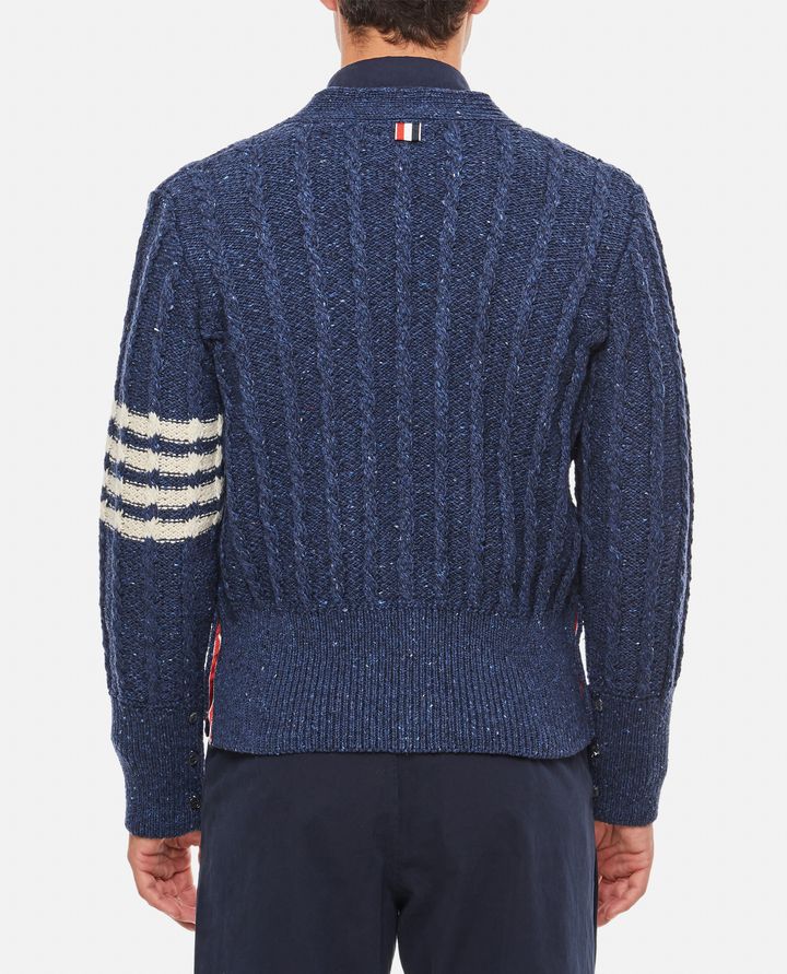 Thom Browne - TWIST CABLE CLASSIC V NECK CARDIGAN IN DONEGAL 4 BAR STRIPE_3