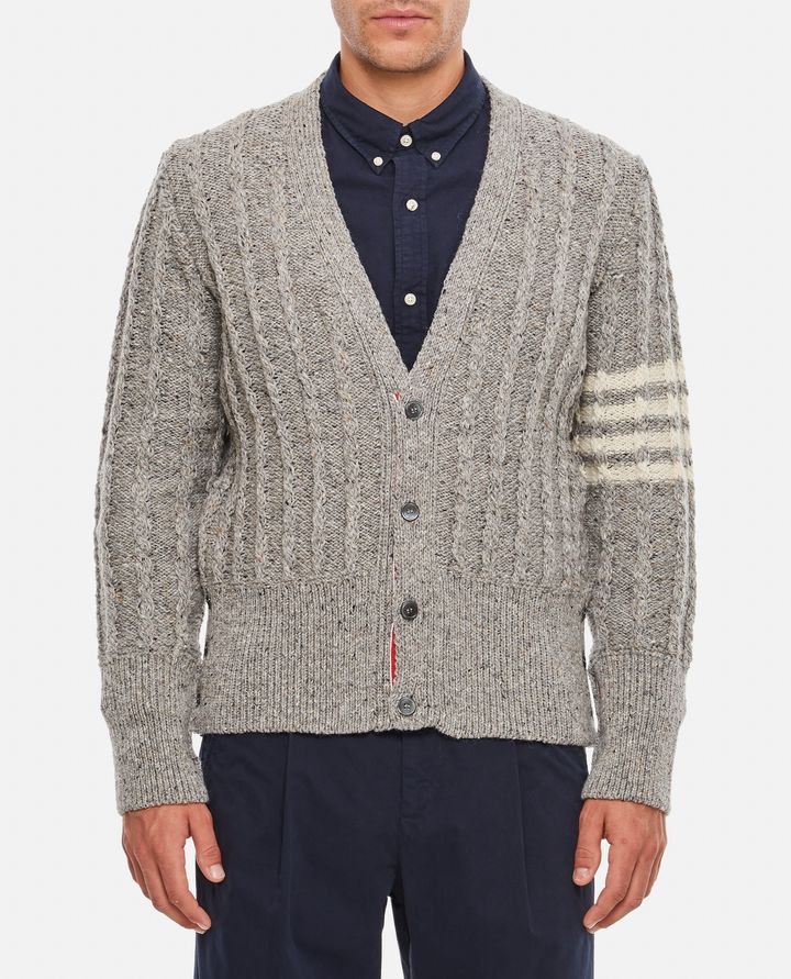 Thom Browne - TWIST CABLE CLASSIC V NECK CARDIGAN IN DONEGAL 4 BAR STRIPE_1