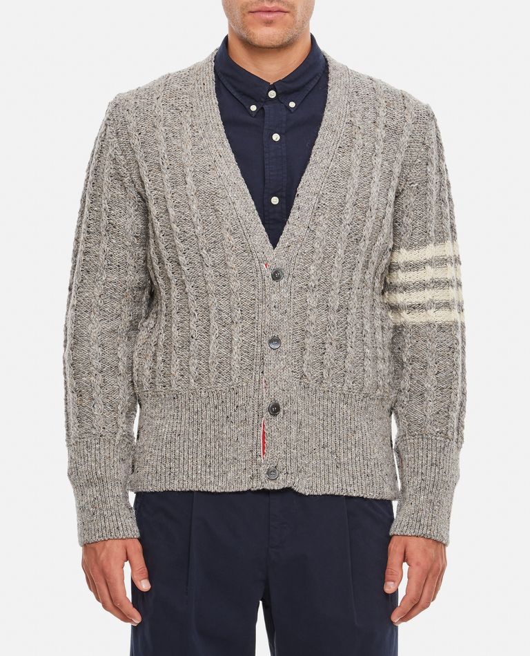 Thom Browne  ,  Twist Cable Classic V Neck Cardigan In Donegal 4 Bar Stripe  ,  Grey 2