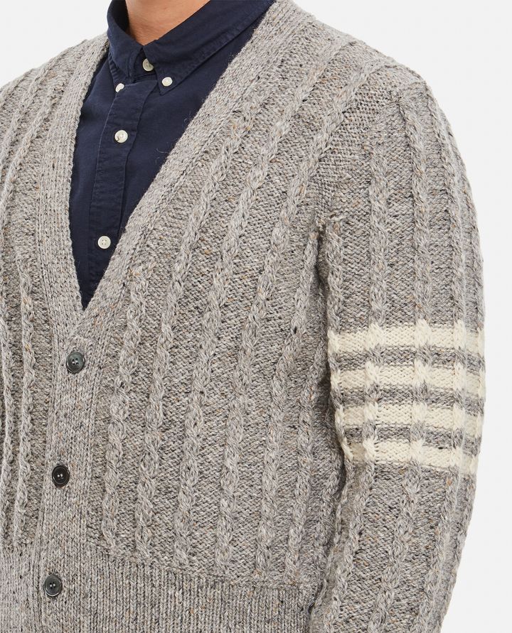 Thom Browne - TWIST CABLE CLASSIC V NECK CARDIGAN IN DONEGAL 4 BAR STRIPE_4