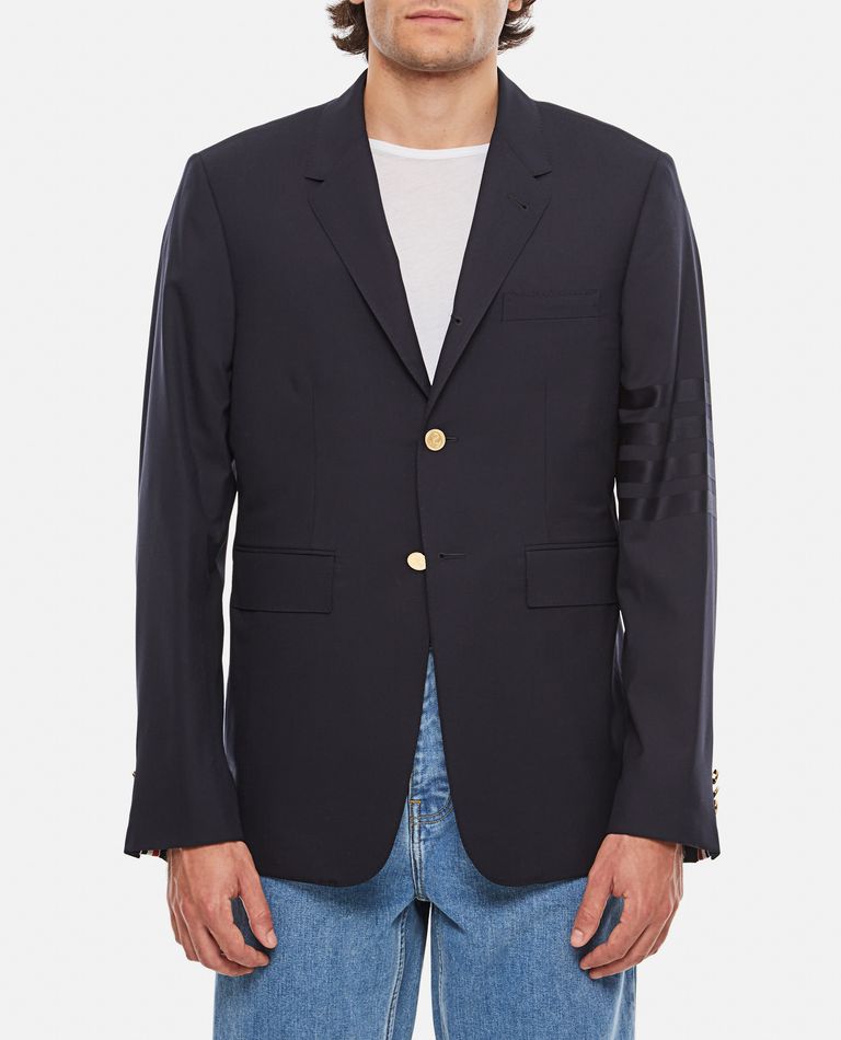 Shop Thom Browne Fit Classic In Engineered 4 Bar Plain Weave Suiting In Blue