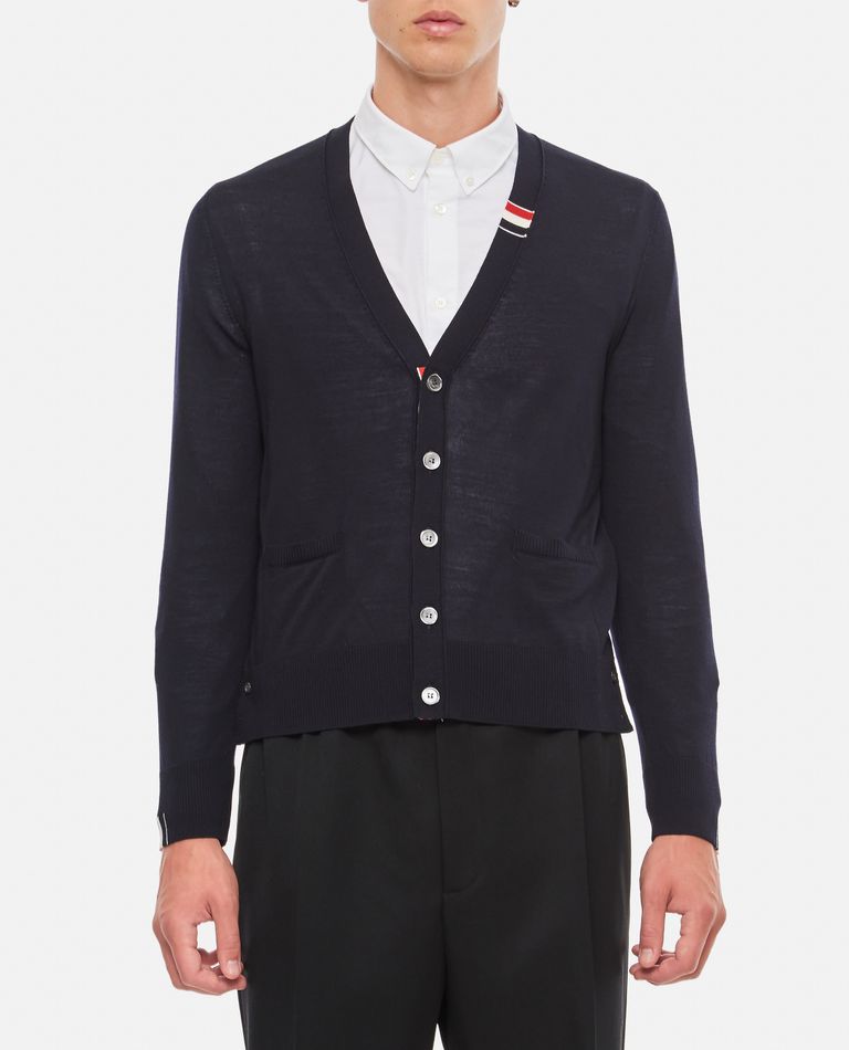 Thom Browne  ,  Jersey Stitch Relaxed Fit V Neck Cardigan  ,  Blue 1