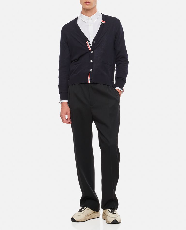 Thom Browne  ,  Jersey Stitch Relaxed Fit V Neck Cardigan  ,  Blue 1