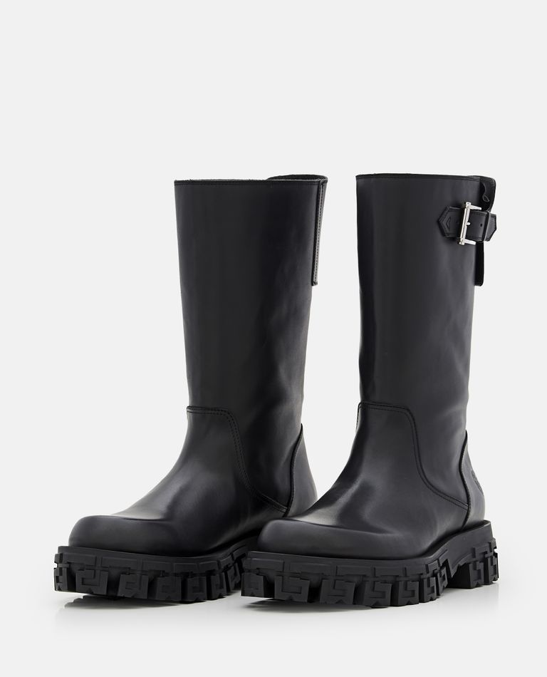 Shop Versace Belted Leather Boots In Black