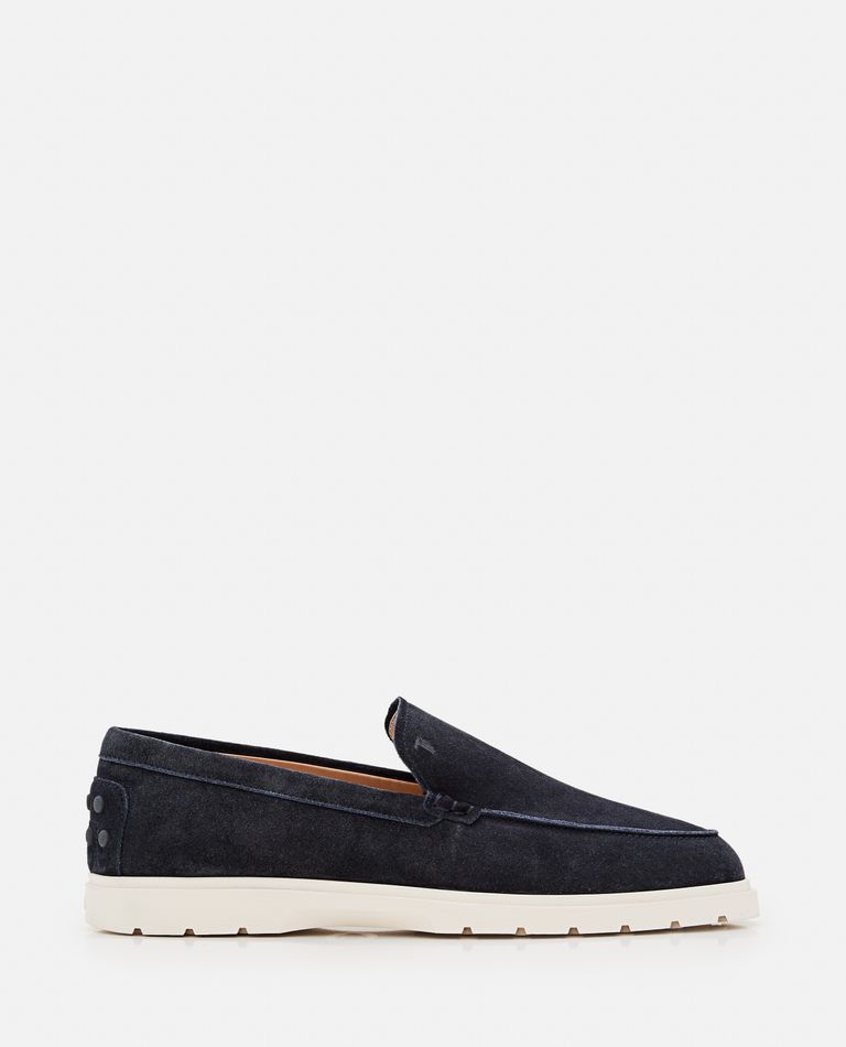 Tod's Blue Suede Moccasin With White Rubber Sole In Blue