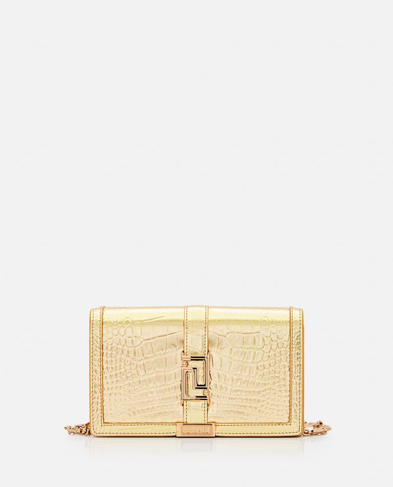 Shop Versace Croco Laminated Leather Wallet In Gold
