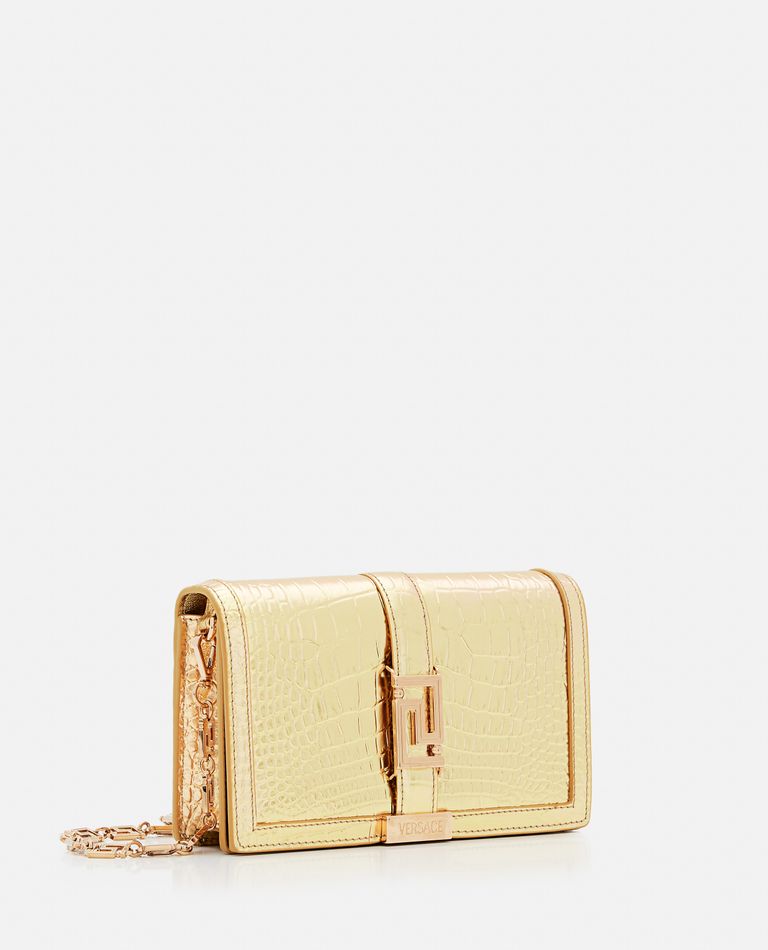Shop Versace Croco Laminated Leather Wallet In Gold