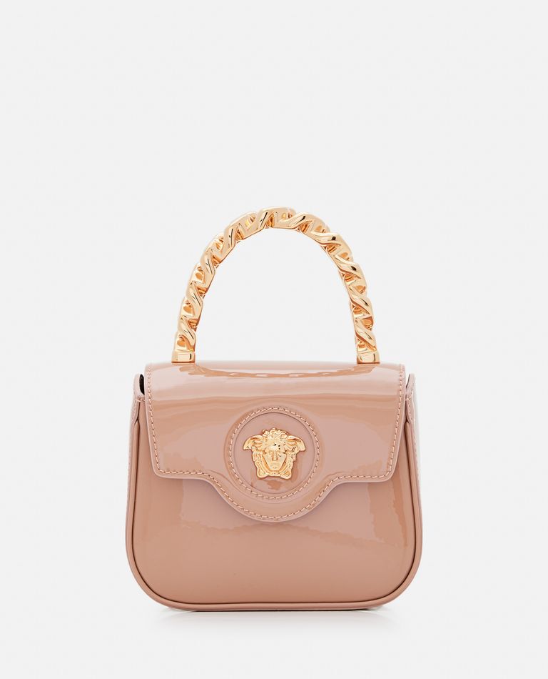 Versace La Medusa Patent Leather Mini Bag In Beige
