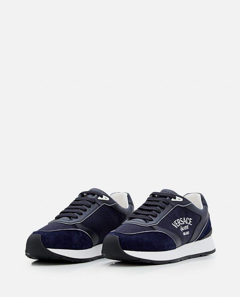 Shop Versace Calf Leather Sneakers In Blue