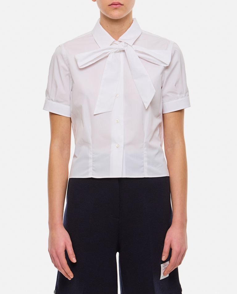 Thom Browne  ,  Short Sleeve Tucked Blouse W/ Bow  ,  White 42