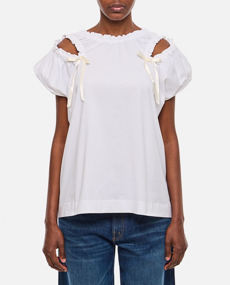 Shop Simone Rocha Cap Sleeve T-shirt W/ Shoulder Bite & Bow In White