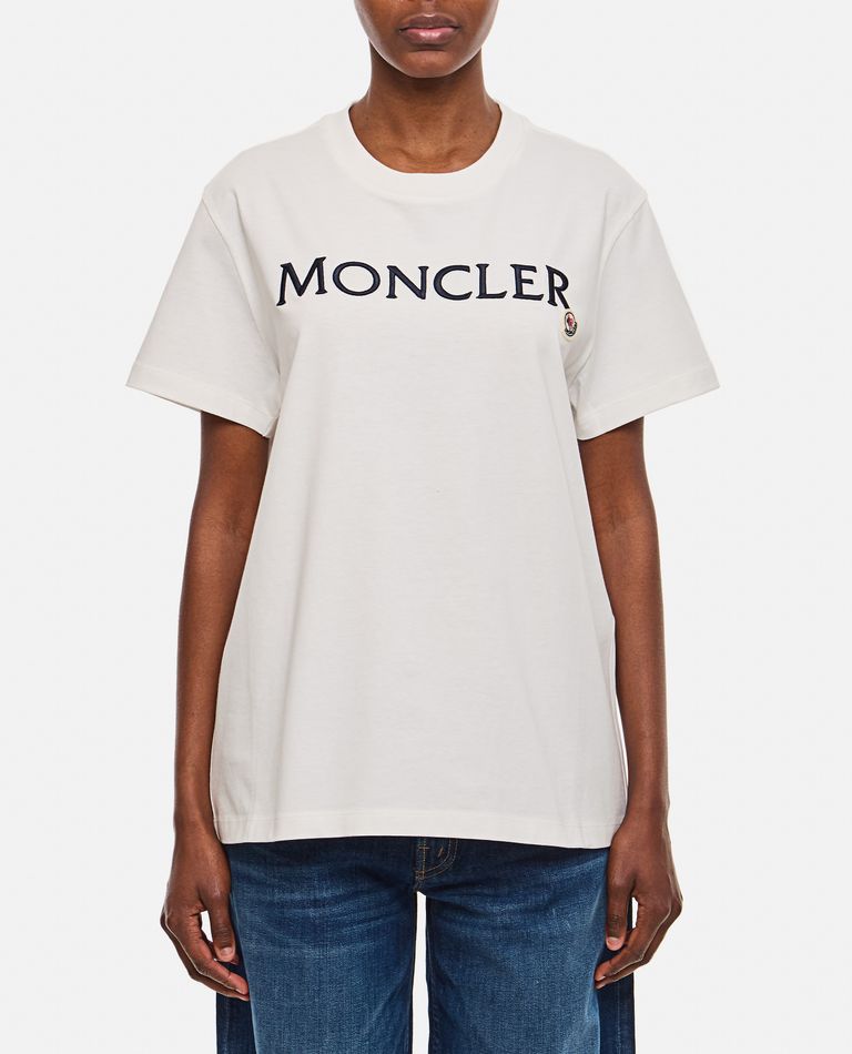 Shop Moncler Regular T-shirt W/printed Front Logo In White