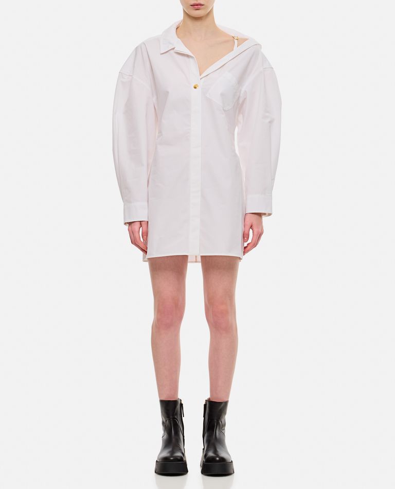 Shop Jacquemus Asymmetric Shoulder Long Sleeve Shirt Dress In White