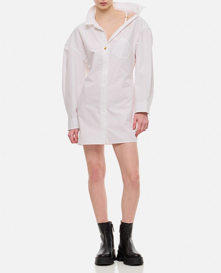 Shop Jacquemus Asymmetric Shoulder Long Sleeve Shirt Dress In White