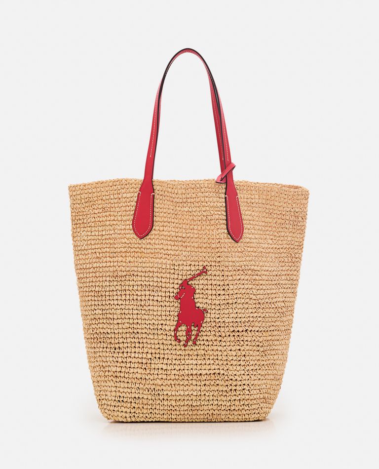 Shop Polo Ralph Lauren Straw Tote Bag W/logo In Beige