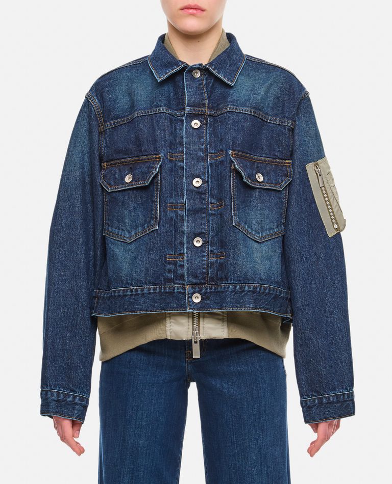Sacai Womens Blue Khaki Bomber Shell-insert Relaxed-fit Denim Jacket In Blue