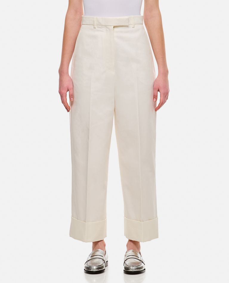 Thom Browne Straight Cotton High Waist Cropped Pants In White