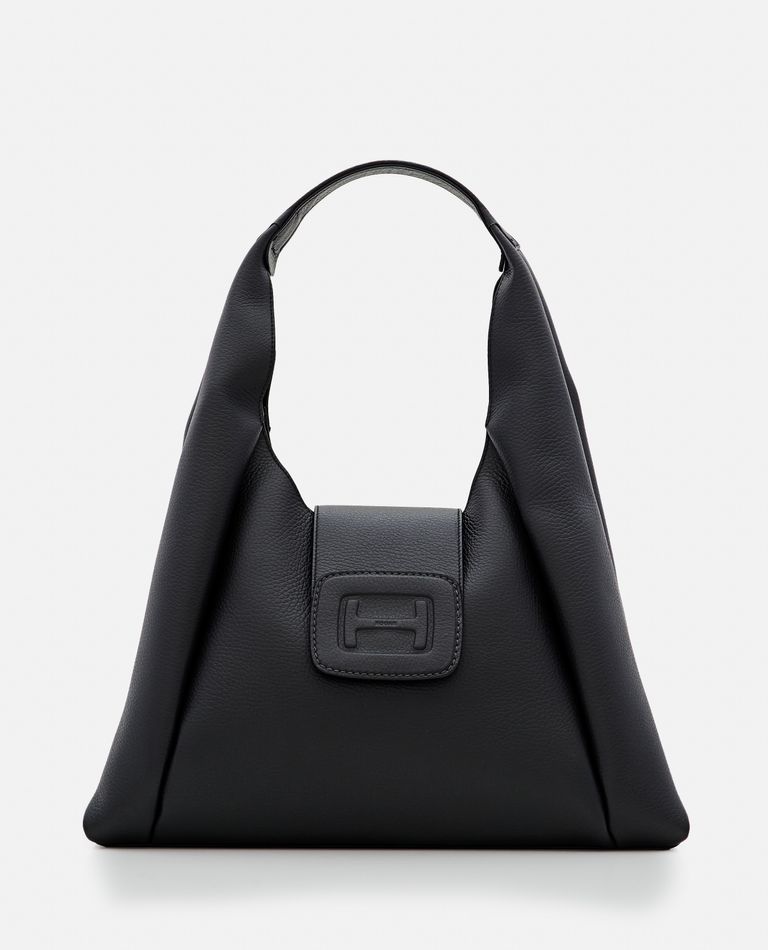 Shop Hogan Medium Embossed Leather Hobo Bag In Black