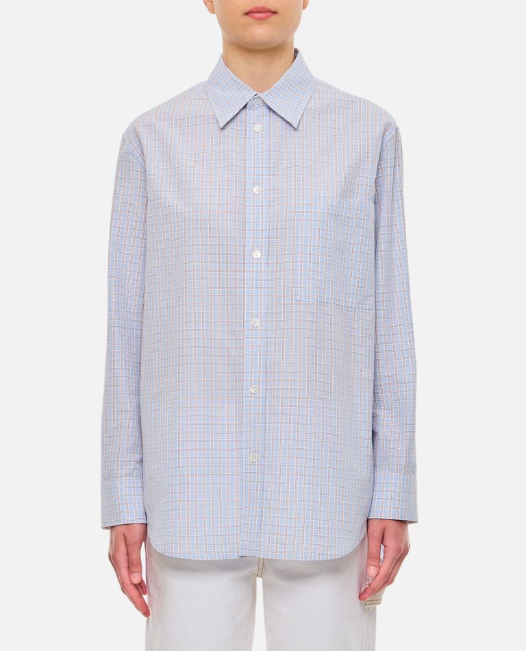Shop Bottega Veneta Cotton Linen Woven Check Shirt In Sky Blue