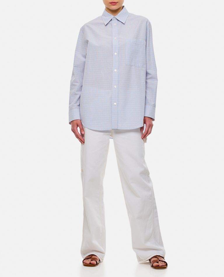 Shop Bottega Veneta Cotton Linen Woven Check Shirt In Sky Blue