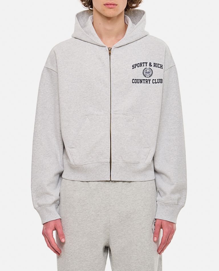 Sporty And Rich Varsity Crest Zipped Cropped Sweatshirt In Gray