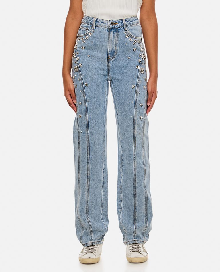 Shop Self-portrait Crystal Embellished Denim Jeans In Sky Blue