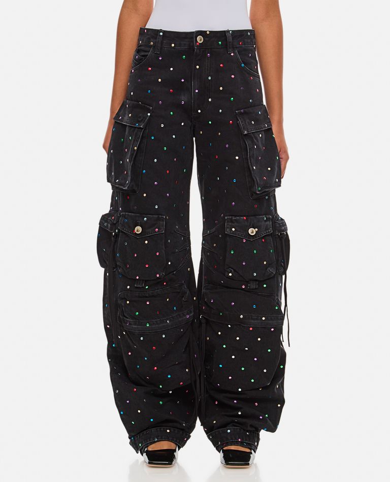 Shop Attico Fern Crystal Cargo Denim Pants In Black