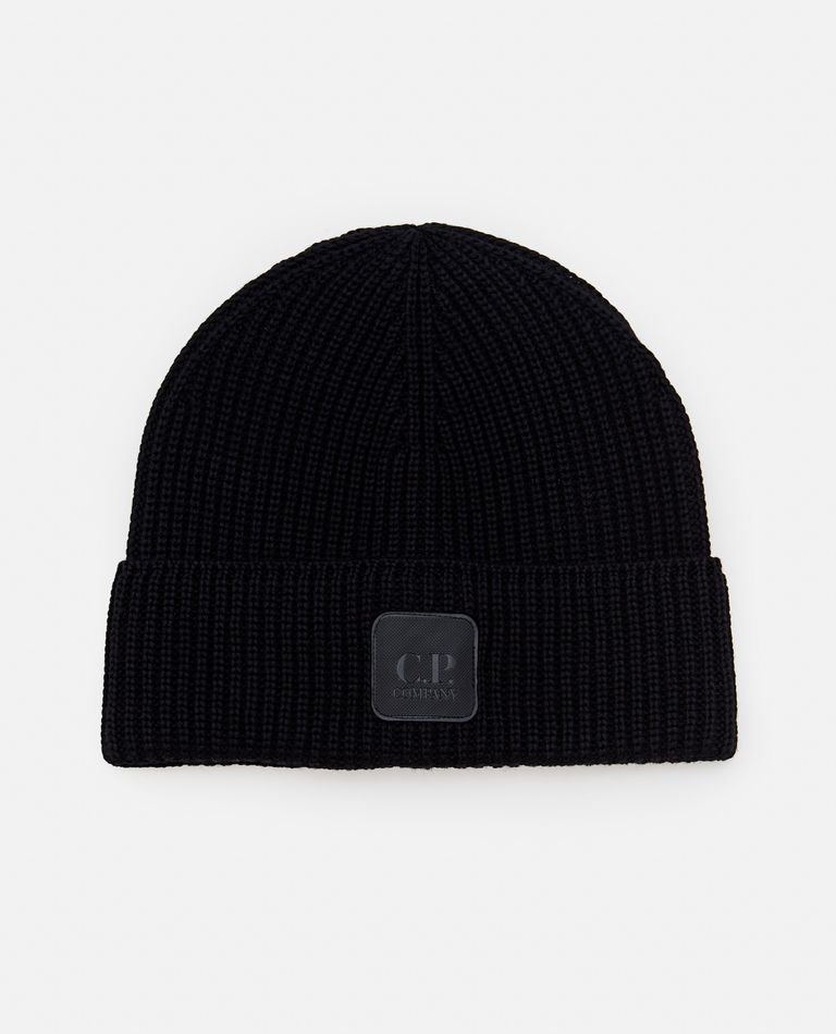 Shop C.p. Company Metropolis Series Extra Fine Merino Wool Logo Beanie In Black